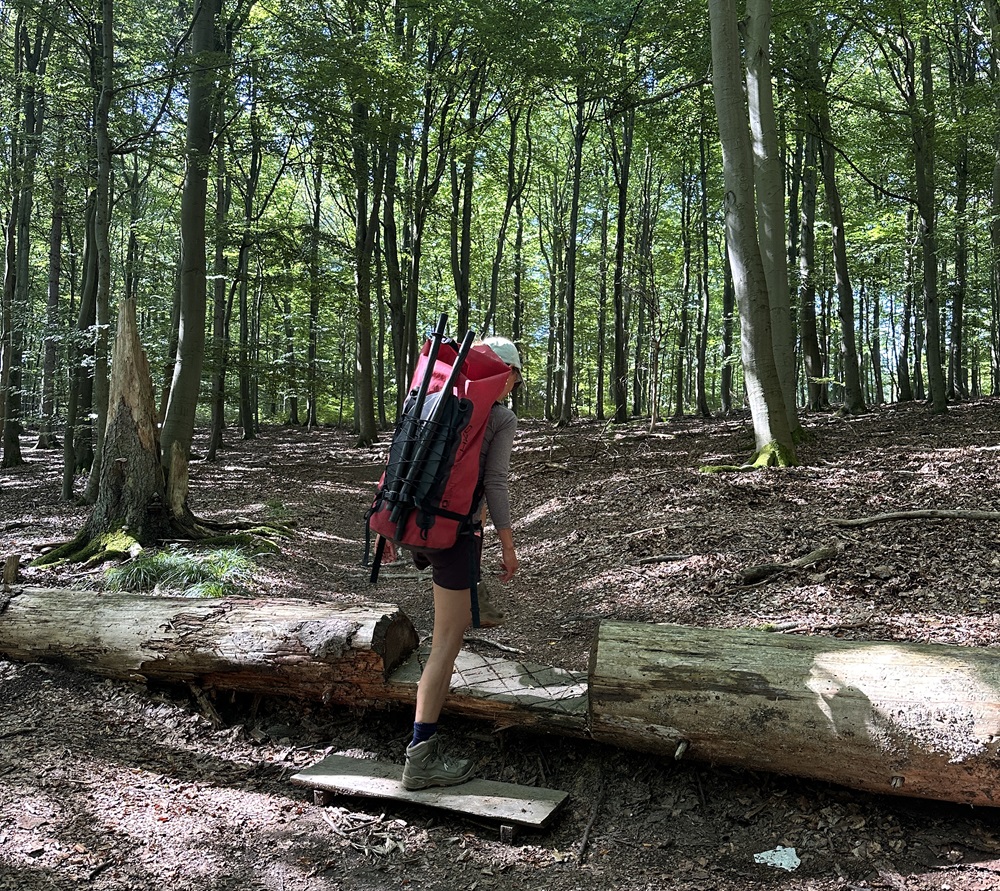 Vandrer, der bærer en packraft-rygsæk gennem skoven i Eifel